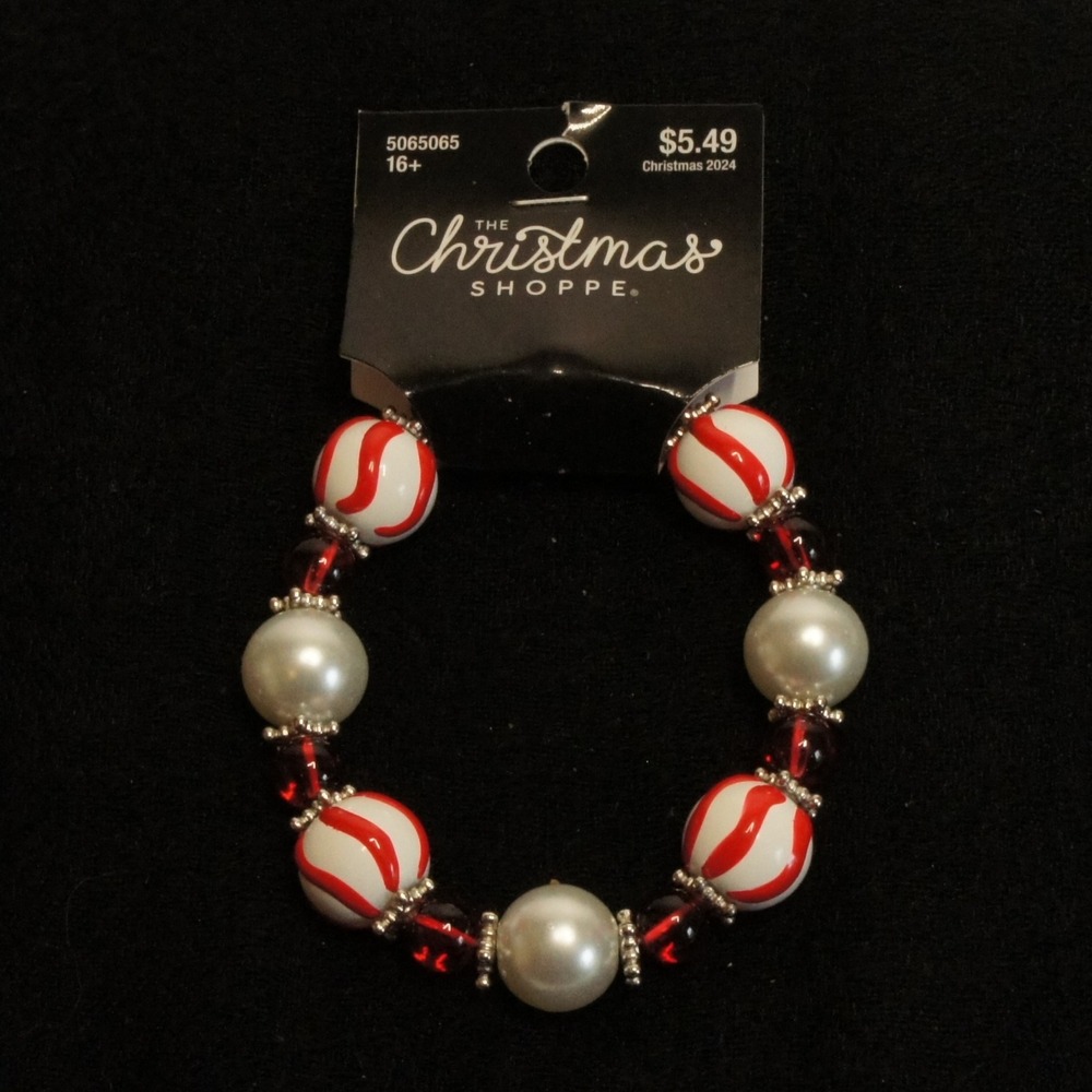 Christmas Shoppe Peppermint Bead Bracelet Red‎ White Holiday NWT